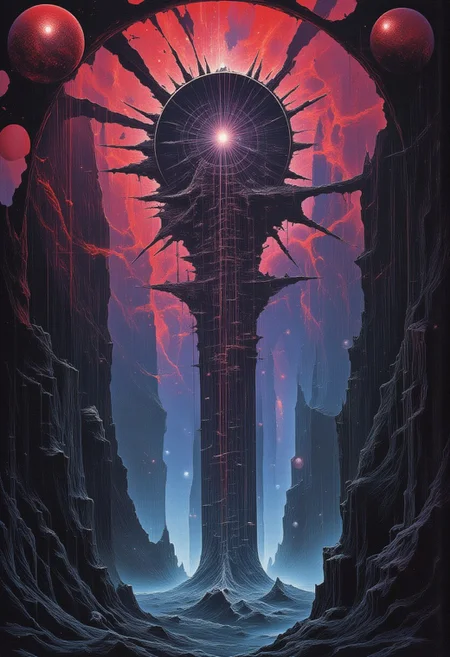 in the heartbeat of nothing,multiple reflections,glow,silhouette,soul maelstorm,veins,cables,tubes.stalaktit,low gravity,reversed world,cracked reality,alienscape,void,nebula,megastructure,terminal world,light particles,fog,heart,gloomy,hard scifi,dark fantasy,horror theme,mysterious,energy sparks,fractal,geometrical,shapes,crystal,extraterrestrial, best quality,masterpiece, detailed, UHD, lots of fine detail,award-winning,vibrant,saturated,vibrant neon colors,painting,impressionism,illustration,beyond-reality,visionary,surreal,disturbing,hdr,aesthetic,
 painted in high resolution,
John Berkey
John Harris 
Franz marc,
Ralph Mcquarrie
Tsutomu Nihei
Greg Rutkowski
Guillermo del toro
H.R.Giger
Zdzisław Beksiński,
Virgil Finlay
Marc Simonetti
Gustave Dore
Jacques-Louis David