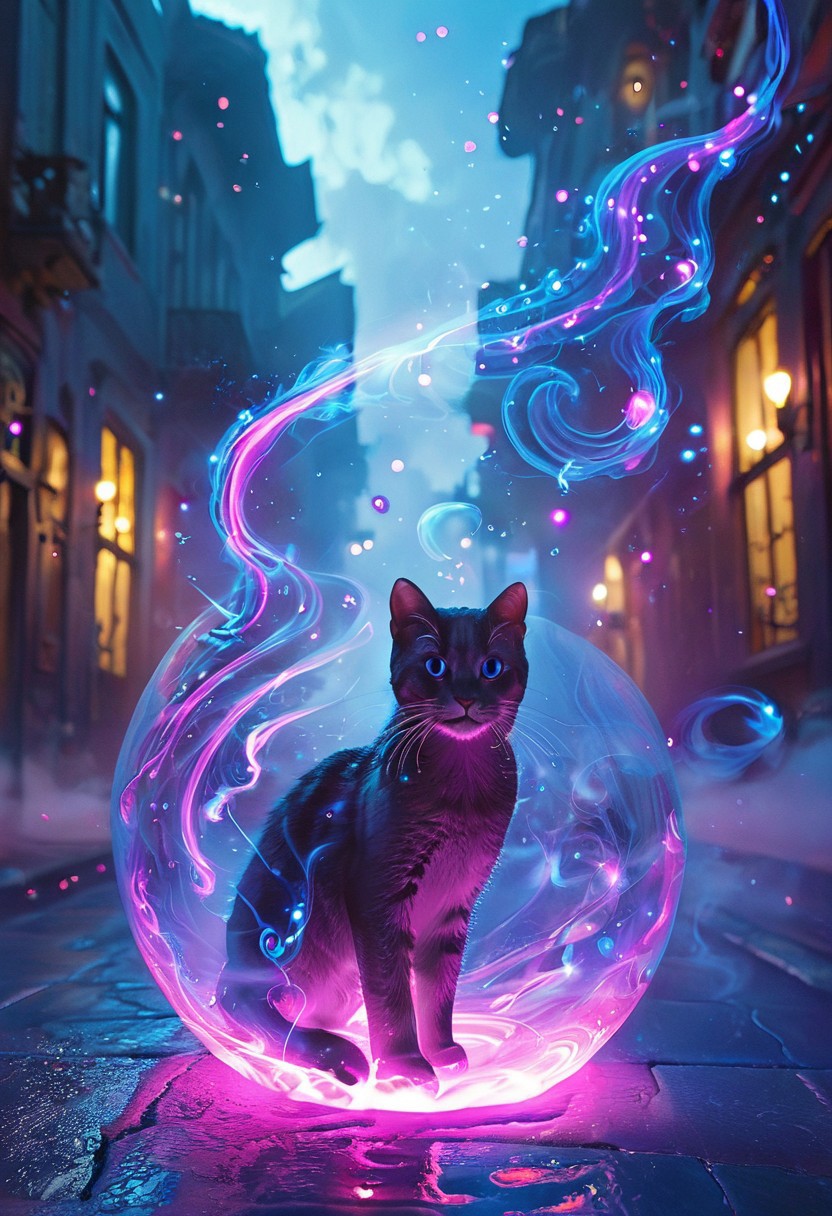 cute floating cat, ethereal glowing swirls, mystical light particles, dreamy atmosphere, vibrant neon mist, twilight city street, hyper-detailed fabric texture, soft illuminated fog, cinematic soft lighting, glowing blue and magenta hues, fantasy realism, enchanted night