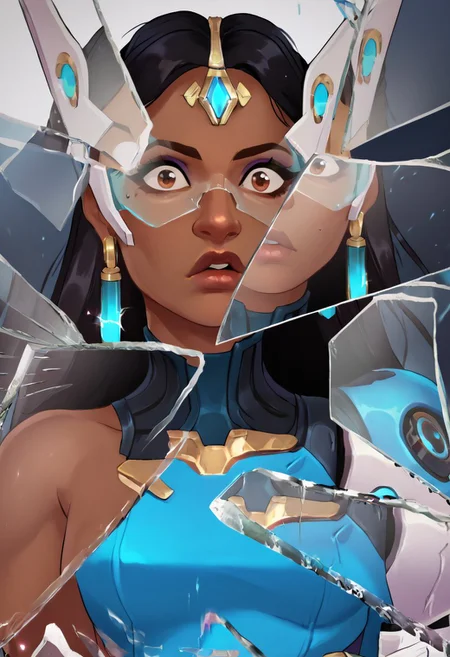score_9, score_8_up, score_7_up, score_6_up, symow-dh, shocked, IncrsXLBrknGls, broken glass, reflection, upper body, dark-skinned female, black hair, long hair, forehead jewel, single mechanical arm, tinted eyewear, headgear, lips, earrings, brown eyes, makeup, nose, blue dress, science fiction <lora:Symmetra_Overwatch_Classic_outfit_PDXL:0.8> <lora:BreakingGlassXLPDCAME:1.0>