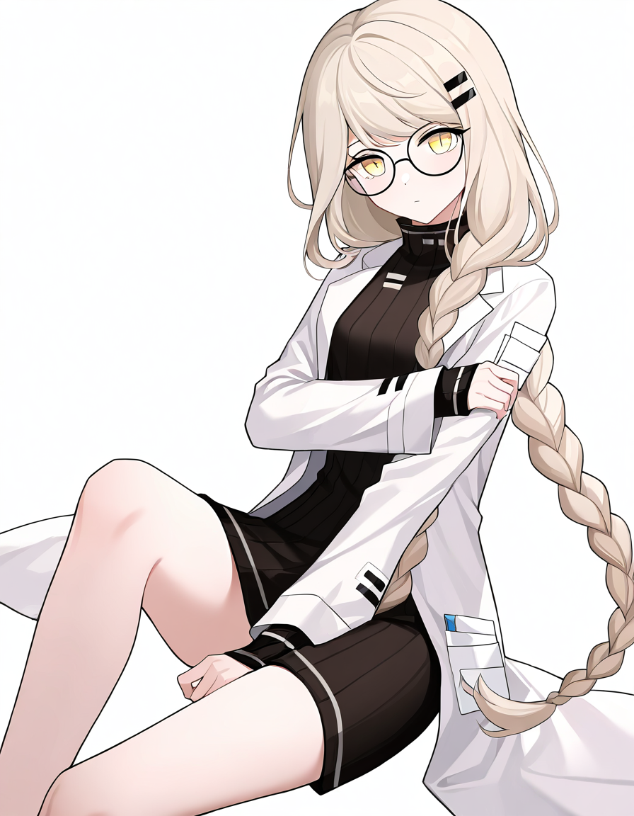 1girl,solo,lijianxi,glasses,lab coat,simple background,looking at viewer,white background,cowboy shot,<lora:lijianxi-000010:1>,sitting,, masterpiece, best quality, very aesthetic, absurdres,newest, incredibly absurdres,