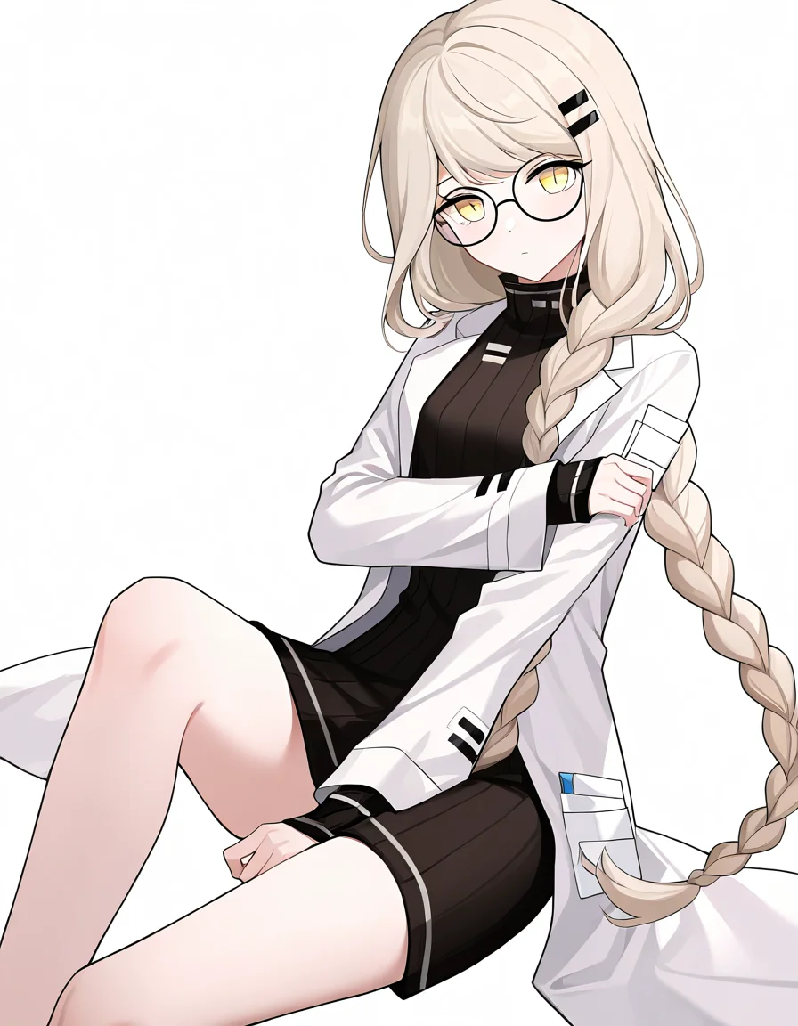 1girl,solo,lijianxi,glasses,lab coat,simple background,looking at viewer,white background,cowboy shot,<lora:lijianxi-000010:1>,sitting,, masterpiece, best quality, very aesthetic, absurdres,newest, incredibly absurdres,