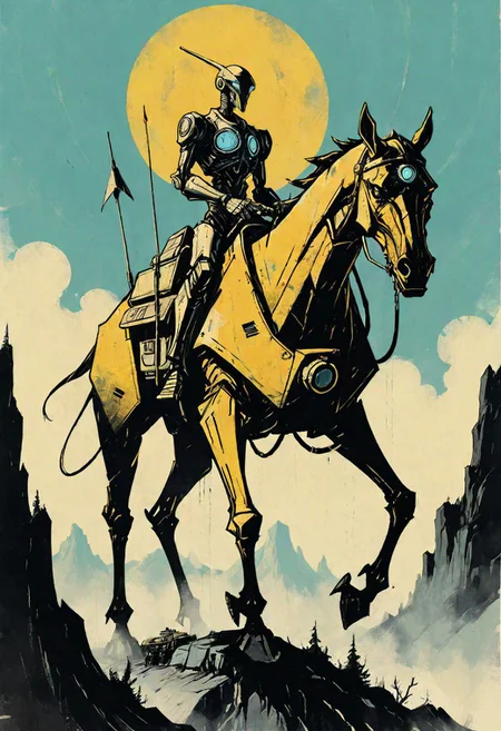 a tall vintage robot riding a futuristic horse-pod in an alien landscape, western, hyper detailed, sci fi, minimalist_sci-fi_dystopia