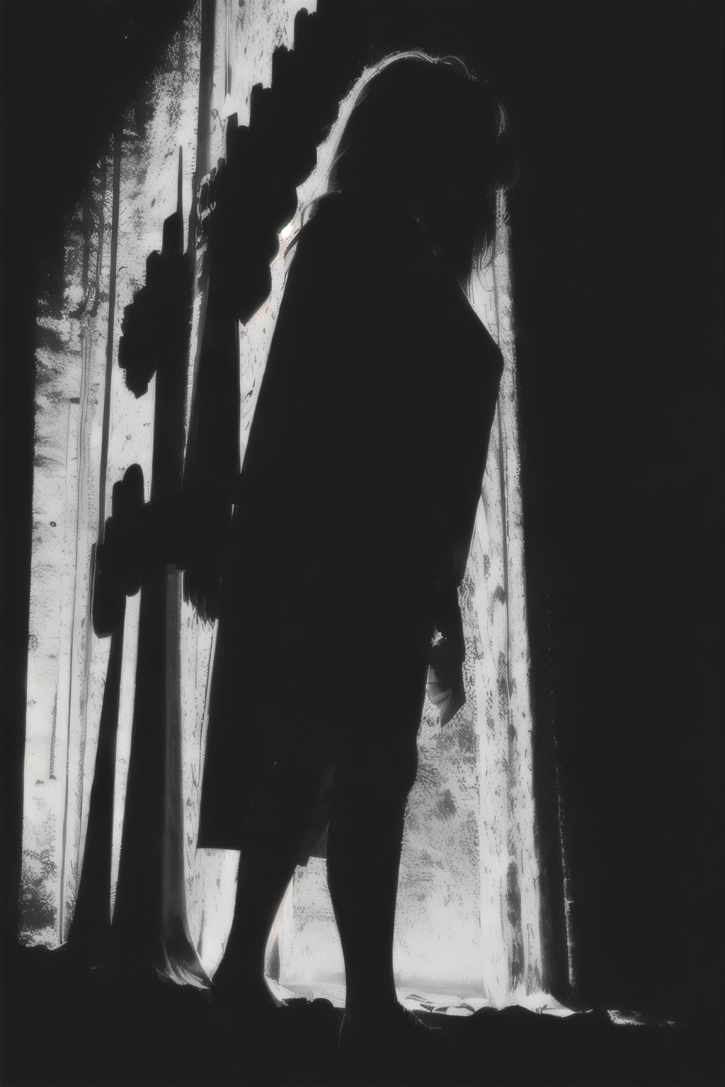 (Realisitc:1.5) (view from right side) EdobShadow a woman in the dark, Standing with one hand on hip and one arm extended to side, (black background:1.3) <lora:EdobShadow_v1.0:1>