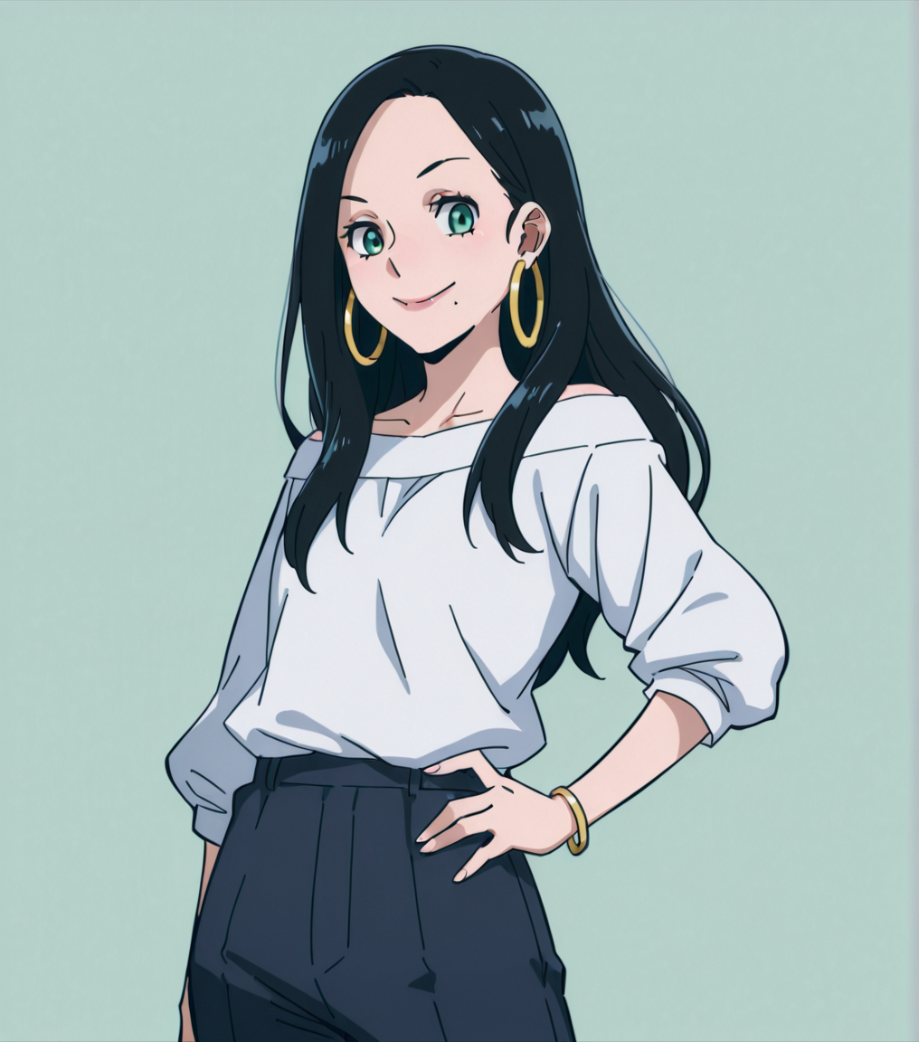 <lora:MakotoTsukauchiIllustrious1.0JLFO:1> makokotsukauchi, black hair, long hair, 1girl, smile, mole, jewelry, solo, green eyes, hoop earrings, white shirt, looking at viewer, hand on own hip, cowboy shot,simple background,