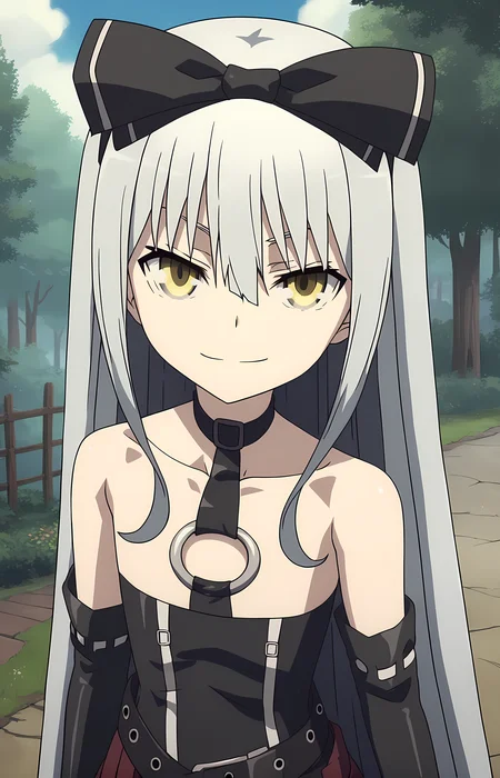 score_9, score_8_up, score_7_up, score_6_up, score_5_up, score_4_up, source_anime,looking at viewer, shiny skin, upper body, light smile, petite,ohwx, grey_hair, long_hair, yellow_eyes, collarbone, very_long_hair, grey_eyes, hair_between_eyes, white_hair, short_hair, flat_chest, breasts,bare_shoulders, choker, bow, hair_bow, collar, ribbon, dress, skirt, black_bow, belt, black_dress, hair_ribbon, pantyhose, cosplay, gloves, elbow_gloves, black_pantyhose, hairband, thighhighs, shoes, necktie, pleated_skirt, o-ring, gothic_lolita, Pathway through Japanese forest with tall cedar trees, soft mist, tranquil and mysterious atmosphere,<lora:sora_pony_sobsynapse-000003:0.9>