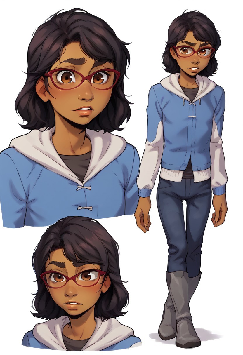 score_9, score_8_up, score_7_up, score_6_up, score_5_up, score_4_up, conceptart,multiple views,white background,simple background,<lora:concept:1>,
1girl, solo,, 
TWD_Sarah,, , Latina-American, brown eyes, black hair, medium hair, dark skinned female,,, ,, young face, ((red frame glasses, blue and white hooded jacket, dark-gray shirt, blue jeans pants, gray boots,)),, young, flat chest,
<lora:princess_xl_v1:0.7>, <lora:Expressive_H:0.6>, <lora:incase-ilff-v3-4:0.5>, <lora:MysticalPlantPenetratorPDXL:0.5>, <lora:Sarah_TWDv2:1>