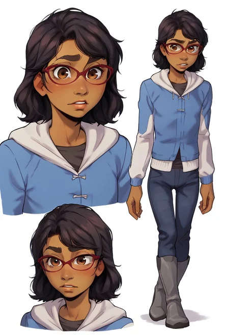 score_9, score_8_up, score_7_up, score_6_up, score_5_up, score_4_up, conceptart,multiple views,white background,simple background,<lora:concept:1>,
1girl, solo,,
TWD_Sarah,, , Latina-American, brown eyes, black hair, medium hair, dark skinned female,,, ,, young face, ((red frame glasses, blue and white hooded jacket, dark-gray shirt, blue jeans pants, gray boots,)),, young, flat chest,
<lora:princess_xl_v1:0.7>, <lora:Expressive_H:0.6>, <lora:incase-ilff-v3-4:0.5>, <lora:MysticalPlantPenetratorPDXL:0.5>, <lora:Sarah_TWDv2:1>
