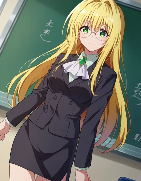 score_9, score_8_up, score_7_up, source_anime,
tearjulunatique, <lora:tearju-lunatique-ponyxl-lora-nochekaiser:1>,
tearju lunatique, long hair, blonde hair, green eyes, sidelocks, glasses, smile,
shirt, collared shirt, white shirt, suit, formal suit, long sleeves, ascot, white ascot, gemstone, green gemstone, skirt, pencil skirt,
indoors, classroom, teaching, chalkboard,
looking at viewer, cowboy shot, dutch angle, dynamic pose,