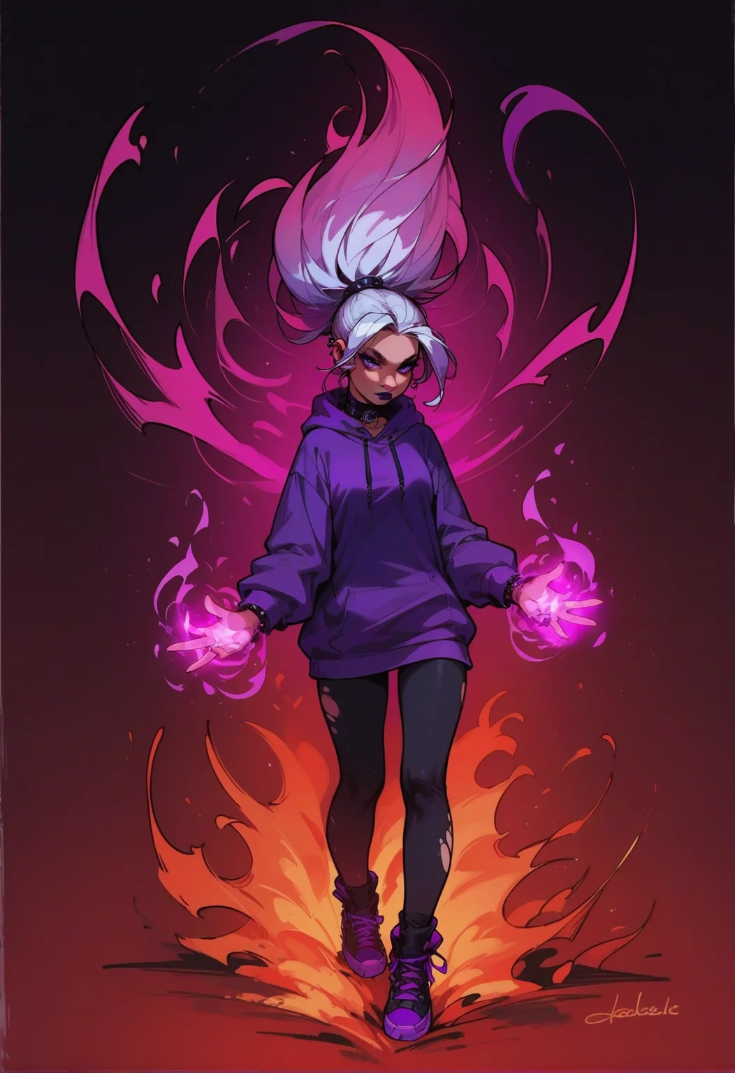 score_9, score_8_up, score_7_up, 1girl, goth, purple hoodie, white hair, ponytail, magic, arkane_dark, purple magic on hands, flames, fire, full body, solo, <lora:add-detail-xl:1> <lora:princess_xl_v2:0.65> <lora:Expressive_H:0.45> Expressiveh, <lora:g0th1cPXL:0.4> g0thicPXL, <lora:1dkXLP:0.35> 1dk, <lora:incase-ilff-v3-4:0.35> <lora:Loisel_for_Pony_1.0:0.6> by Loisel <lora:dark_magiks:0.7>