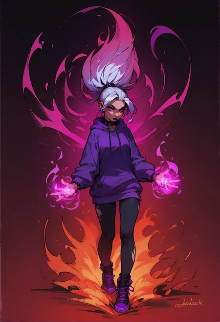 score_9, score_8_up, score_7_up, 1girl, goth, purple hoodie, white hair, ponytail, magic, arkane_dark, purple magic on hands, flames, fire, full body, solo, <lora:add-detail-xl:1> <lora:princess_xl_v2:0.65> <lora:Expressive_H:0.45> Expressiveh, <lora:g0th1cPXL:0.4> g0thicPXL, <lora:1dkXLP:0.35> 1dk, <lora:incase-ilff-v3-4:0.35> <lora:Loisel_for_Pony_1.0:0.6> by Loisel <lora:dark_magiks:0.7>