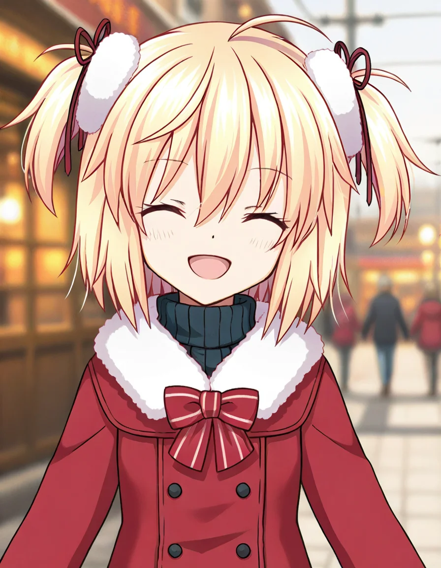 ayano rika, winter clothes, upper body, smile, closed eyes, outdoor, <lora:ayano_rika_animagine-xl-3.1_LoHA_6_Prodigy_U-NetOnly_0.0357:0.7>