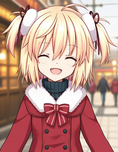 ayano rika, winter clothes, upper body, smile, closed eyes, outdoor, <lora:ayano_rika_animagine-xl-3.1_LoHA_6_Prodigy_U-NetOnly_0.0357:0.7>