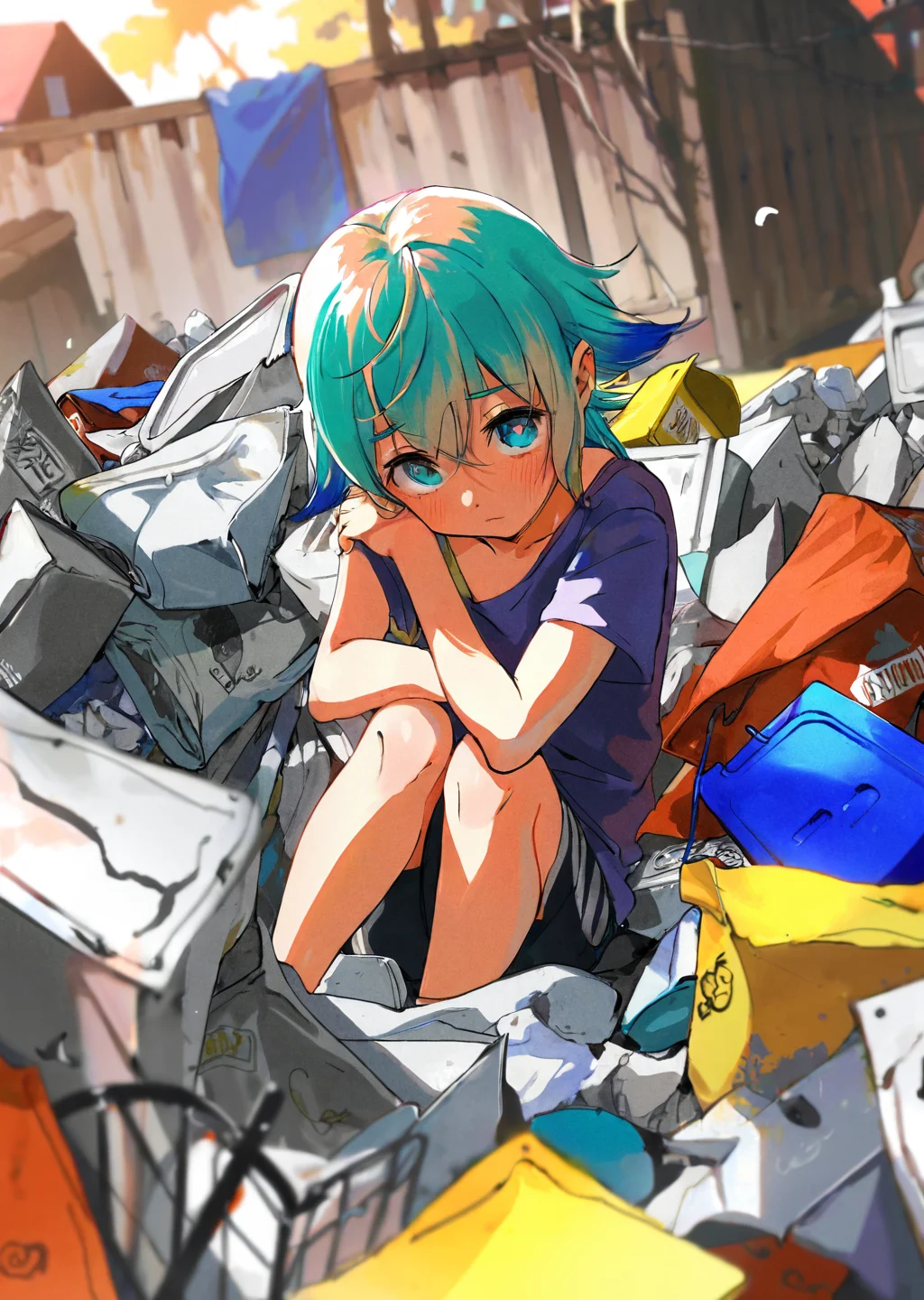 by demizu posuka, by tsubonari
1girl, upper body, beautiful eyes, sad
sitting on top of a pile of trash.
depth of field
perspective
Triadic color guide,