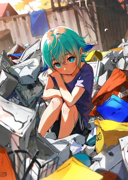 by demizu posuka, by tsubonari
1girl, upper body, beautiful eyes, sad
sitting on top of a pile of trash.
depth of field
perspective
Triadic color guide,