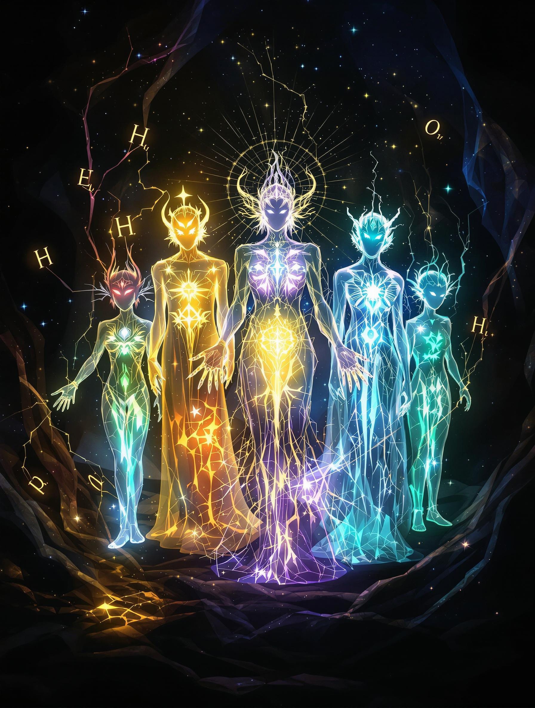 7 bioluminescence translucent entities they are,
A Bioluminescence translucent Hydrogen God - H (Atomic number 1)
A Bioluminescence translucent Helium Goddess- He (Atomic number 2)
A Bioluminescence translucent Lithium God - Li (Atomic number 3)
A Bioluminescence translucent Beryllium Goddess- Be (Atomic number 4)
A Bioluminescence translucent Boron elf - B (Atomic number 5)
A Bioluminescence translucent Carbon/humanoid - C (Atomic number 6)
A bioluminescence translucent Nitrogen/demon - N (Atomic number 7)
Oxygen - O (Atomic number 8)
Masterpiece, 32k, 16k, 8k,