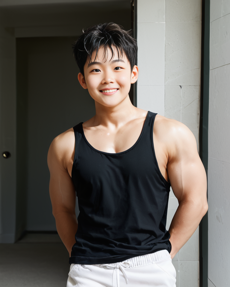 score_9, score_8_up, score_7_up, Korean, <lora:Cute_Cartoon_ArtStyle:1>,  <lora:Expressive_H:1>, ((adorable handsome young man:1.2, light skin)),
tae_dong, black tanktop, white shorts looking at viewer, dynamic action, expressive cute face, male focus, 1boy, solo, cowboy shot, cinematic,  <lora:tae_dong-000013:1>, ((tae_dong))
