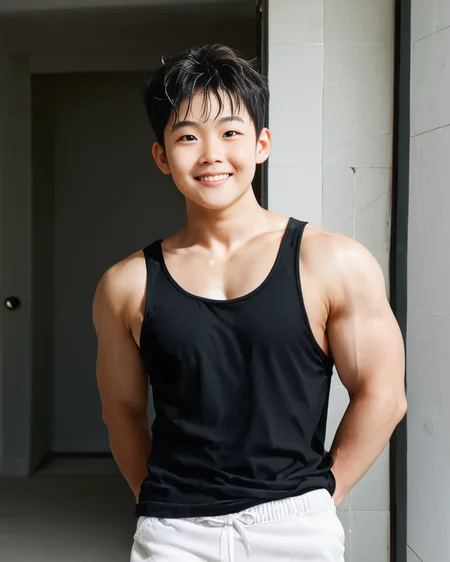 score_9, score_8_up, score_7_up, Korean, <lora:Cute_Cartoon_ArtStyle:1>, <lora:Expressive_H:1>, ((adorable handsome young man:1.2, light skin)),
tae_dong, black tanktop, white shorts looking at viewer, dynamic action, expressive cute face, male focus, 1boy, solo, cowboy shot, cinematic, <lora:tae_dong-000013:1>, ((tae_dong))