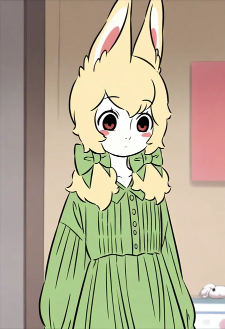 <lora:xiaoyu:1>,xiaoyu,1girl,solo,furry female,black eyes,red eyes,blonde hair,twintails,hair bow,animal ears,white skin,
green dress,dress,long sleeves,green bow,, masterpiece,best quality,amazing quality,absurdres, anime screenshot,