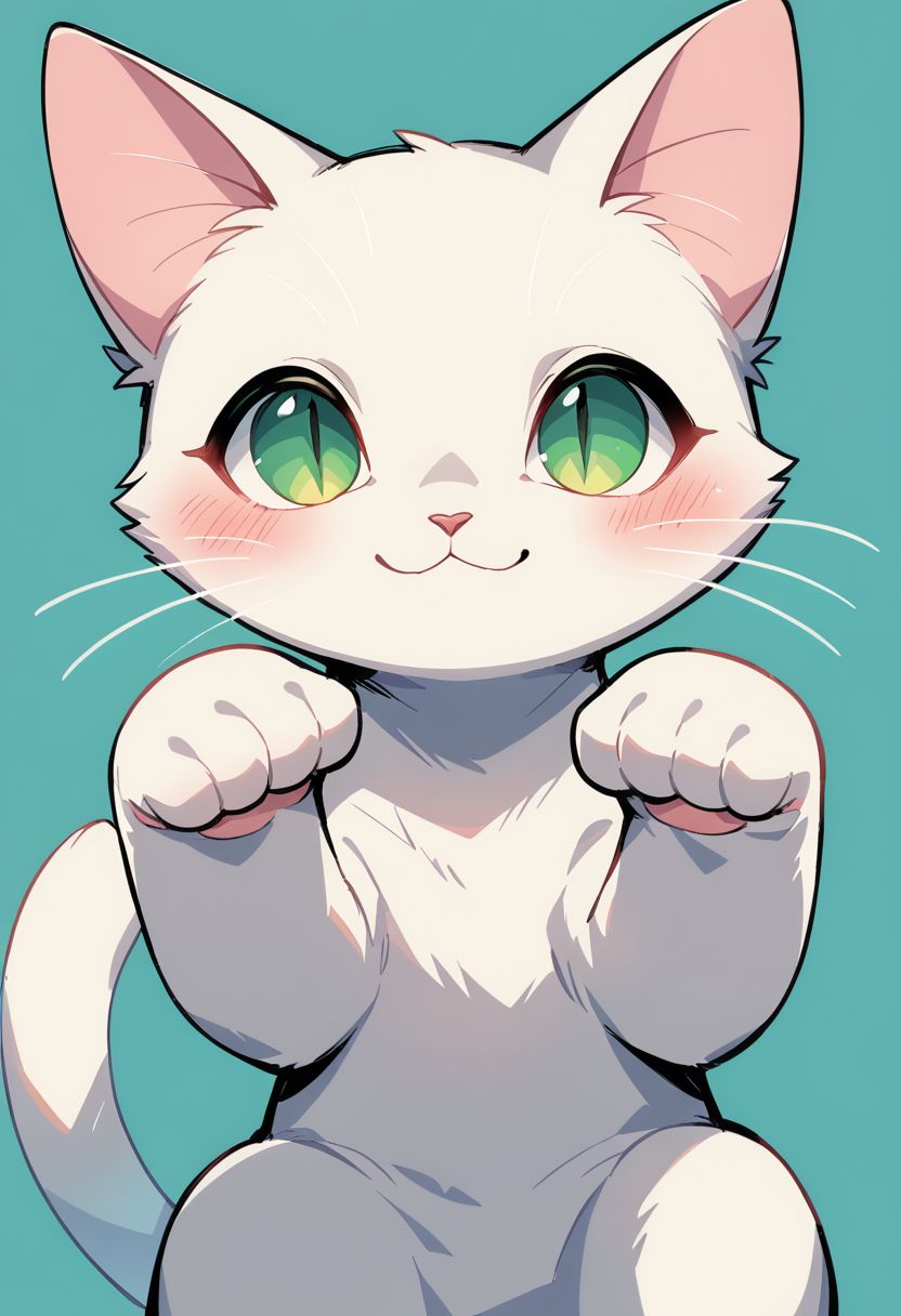 pastel style, no humans, solo, looking at viewer, :3, cat, smile, sitting, closed mouth, blush, simple background, animal focus, blue background, green eyes, slit pupils, hands up, animal, soft color, soft hues, chalk, pigment, pastel color, pastel pencil technique, soft color tones, pastel painting, pastel (medium), zPDXL