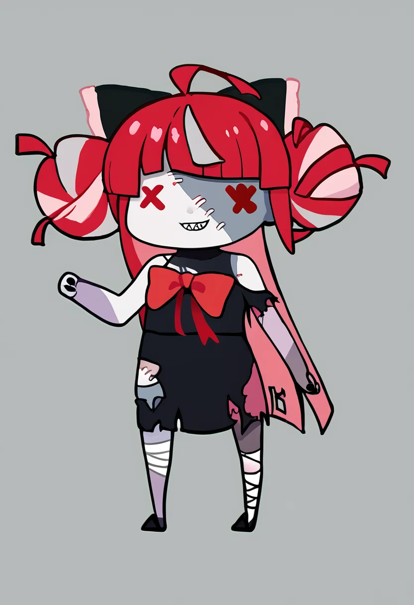 score_9, score_7_up, <break> chibi, simple background, white background, full body, solo, 1girl, kureiji1st, zombie, two-tone skin, patchwork skin, stitches, stitched face, stitched arm, sharp teeth, smirk, multicolored hair, red hair, pink hair, white hair, grey hair, blunt ends, ahoge, double bun, hair bow, black bow, torn clothes, black dress, torn dress, red bow, bandages, bandaged arm, black nails, bandaged leg, bare shoulders