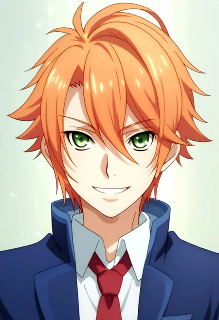 ((masterpiece)), ((best quality)), ((ultra-detailed)), ((absurdres)), score_9_up, score_8_up, score_7_up,
HD, top quality, best quality, amazing quality, High-quality illustrations, anime screencap, source_anime, best aesthetic, perfect proportions, perfect eyes, 1boy, 1male, solo boy, solo male, male focus, solo male focus, Anime, boy, male anime character, anime boy, handsome, sexy, cute, charming, ((face shot, focus on face only, face only shot)), Mumei Shokatsu, orange hair, green eyes, blue and white blazer, short sleeves, red necktie, long white forearm band, blue pants, ((small smile, expression)), ((front shot, looking at viewer, looking at front, front view)), updn, easynegative, Expressiveh, masterpiece, best quality, very aesthetic, absurdres
