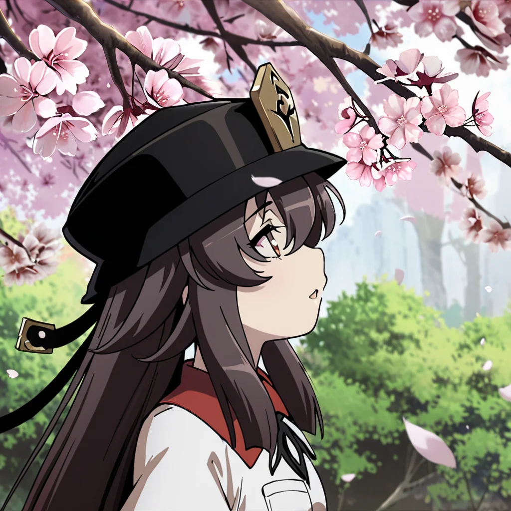 masterpiece, best quality, <lora:tgm-xl-a3.1:1>,pixiv,
hu tao \(genshin impact\),low twintails,hat,1girl, looking up, solo, cherry blossoms, long hair, shirt, short sleeves, branch, tree, upper body, collared shirt, profile, pocket, white shirt, parted lips, outdoors, breast pocket, from side, flower, arms at sides, pink shirt, bangs, spring (season)