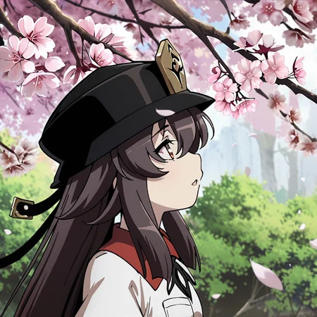 masterpiece, best quality, <lora:tgm-xl-a3.1:1>,pixiv,
hu tao \(genshin impact\),low twintails,hat,1girl, looking up, solo, cherry blossoms, long hair, shirt, short sleeves, branch, tree, upper body, collared shirt, profile, pocket, white shirt, parted lips, outdoors, breast pocket, from side, flower, arms at sides, pink shirt, bangs, spring (season)