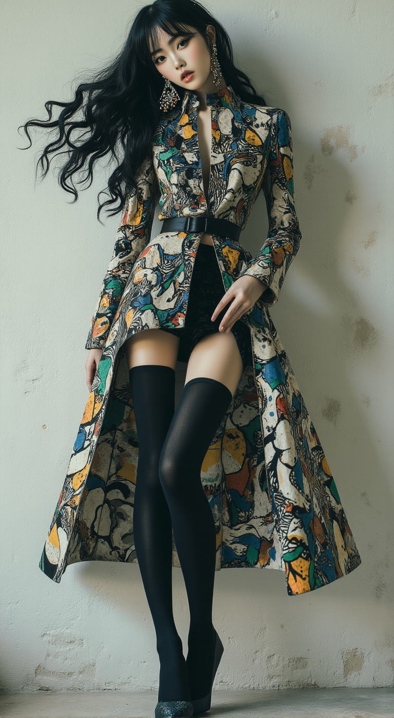 A realistic, high-definition magazine-style photograph featuring a slender, long-legged Japanese woman striking an extraordinary, eccentric pose reminiscent of the iconic character stances from Hirohiko Arakiâs famous manga JoJo's Bizarre Adventure. Her posture exudes the bold and confident essence of a fashion model, with exaggerated angles and a dynamic, artistic flair. The image captures the elegance and uniqueness of the model, blending fashion and anime-inspired aesthetics, making it both striking and avant-garde <lora:flux_realism_lora:0.7> <lora:Hand v2:1>  <lora:midjourney_whisper_avant_couture_v01:1>