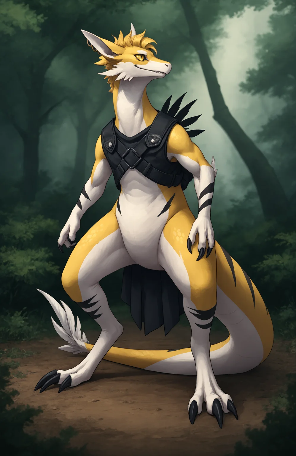 score_9, score_8_up, PonyXLV6_Scores, zPDXL3, rating_safe, censored, zPDXLpg, solo, praimortis, two tone body, yellow eyes, claws, scalie. standing, dogtags, black stripes, yellow body, multicolored body, tail feathers,
BREAK
<lora:Praimortis:0.8> masterpiece, best quality, <lora:Pony_DetailV2.0:1> <lora:add-detail-xl:1>, source_furry, no humans, source_cartoon, detailed, masterpiece, hi res, high quality, best quality, anatomically correct