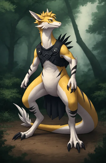 score_9, score_8_up, PonyXLV6_Scores, zPDXL3, rating_safe, censored, zPDXLpg, solo, praimortis, two tone body, yellow eyes, claws, scalie. standing, dogtags, black stripes,  yellow body, multicolored body, tail feathers,  
BREAK  
<lora:Praimortis:0.8> masterpiece, best quality, <lora:Pony_DetailV2.0:1> <lora:add-detail-xl:1>, source_furry, no humans, source_cartoon, detailed, masterpiece, hi res, high quality, best quality, anatomically correct
