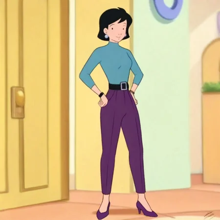 1girl, solo, perdita_shrinks, black hair, earrings, teal shirt, black belt, purple pants, purple high heels, standing, looking at viewer, hands on hips,