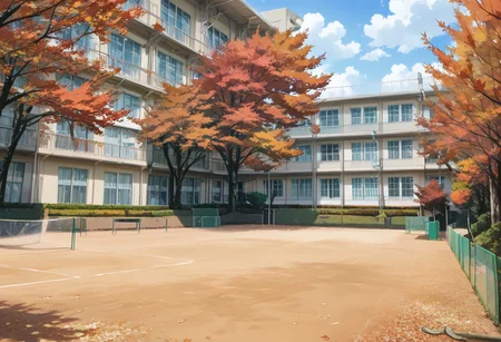 score_9, score_8_up, score_7_up, rating_safe, masterpiece, best quality, absurdres, unity 8k wallpaper, official art, official style, source_anime, uncensored, game cg, megami magazine,
koutei, scenery, tree, outdoors, building, sky, autumn leaves, fence, day, autumn, blue sky, window
<lora:gakkou_ground_PONY_V1:1>