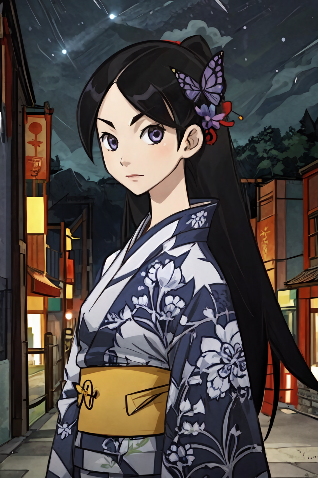 (masterpiece:1.2), ultra detailed, <lora:ChiriKitsu:0.8>, Chirikitsu,  kimono,(medieval street),medieval town, close, (((night:1.2))), people, butterfly, best quality, looking at the viewer,<lora:Adddetail:0.6>