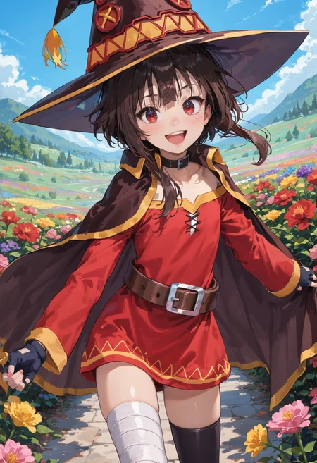 score_9,score_8_up,score_7_up,high quality,highres,masterpiece,colorful,vibrant,flower field,flower,+ +,smile,<lora:Megumin_Konosuba:0.8>,megumin,red eyes,brown hair,short hair,sidelocks,flat chest,black belt choker,fingerless black gloves,red short dress,off-shoulder dress,witch hat,black cape,bandaged leg,brown belt,black single thighhigh,boots,excited,