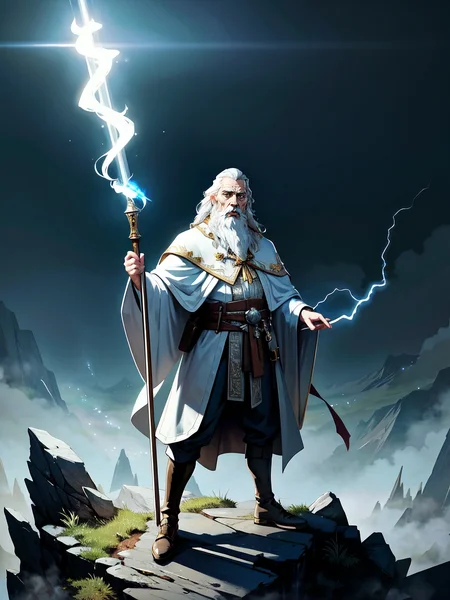 full body of (one) brittish old man, a wizard casting a (lightning bolt spell), from the top of a mountain, (at night), wearing white wizard (robes), long white beard, long white hair,
detailed, intricate, (detailed fantasy background), dim lighting, volumetric lighting,
fantasy art style, best quality, hi-res, masterpiece, good anatomy, good composition, good proportions, good design, dynamic pose, good pose, realistic background, realistic sky, cinematic, cinematic camera angle, dark fantasy illustration, detailed, intricate, (perfect lighting, perfect shading), subsurface scattering, photorealistic, solo, oil painting style, (mature adult:1.5),
<lora:add_detail:0.15> <lora:fantasyV1.1:0.25> <lora:muscle_slider_v1:-1.5>