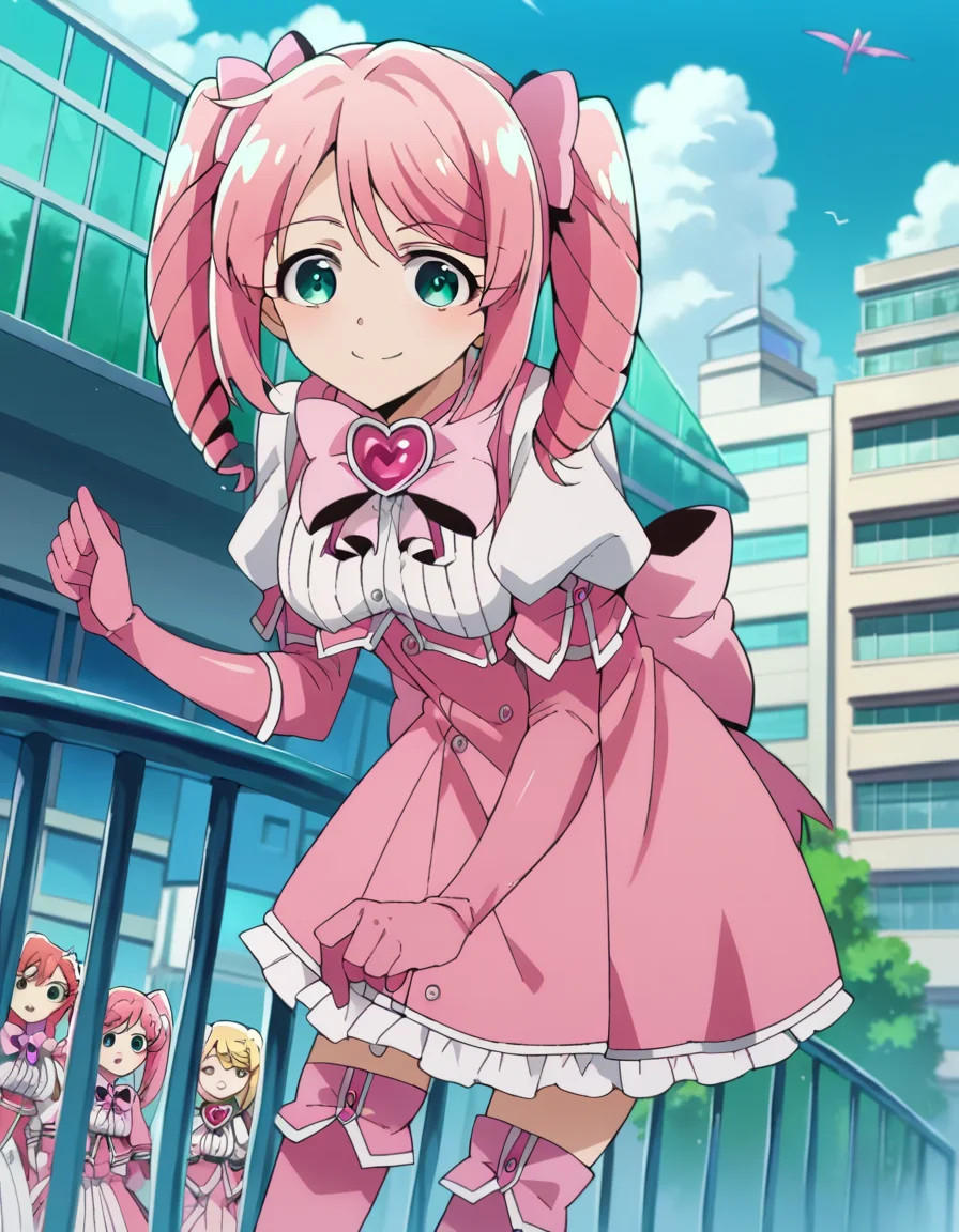 score_9, score_8_up, score_7_up, source_anime,
harukahanabishi, <lora:haruka-hanabishi-ponyxl-lora-nochekaiser:1>
haruka hanabishi, twintails, green eyes, pink hair,
thighhighs, gloves, dress, bow, magical girl, pink gloves,
outdoors, cityscape, bent over, smile,
looking at viewer, dutch angle, cowboy shot
