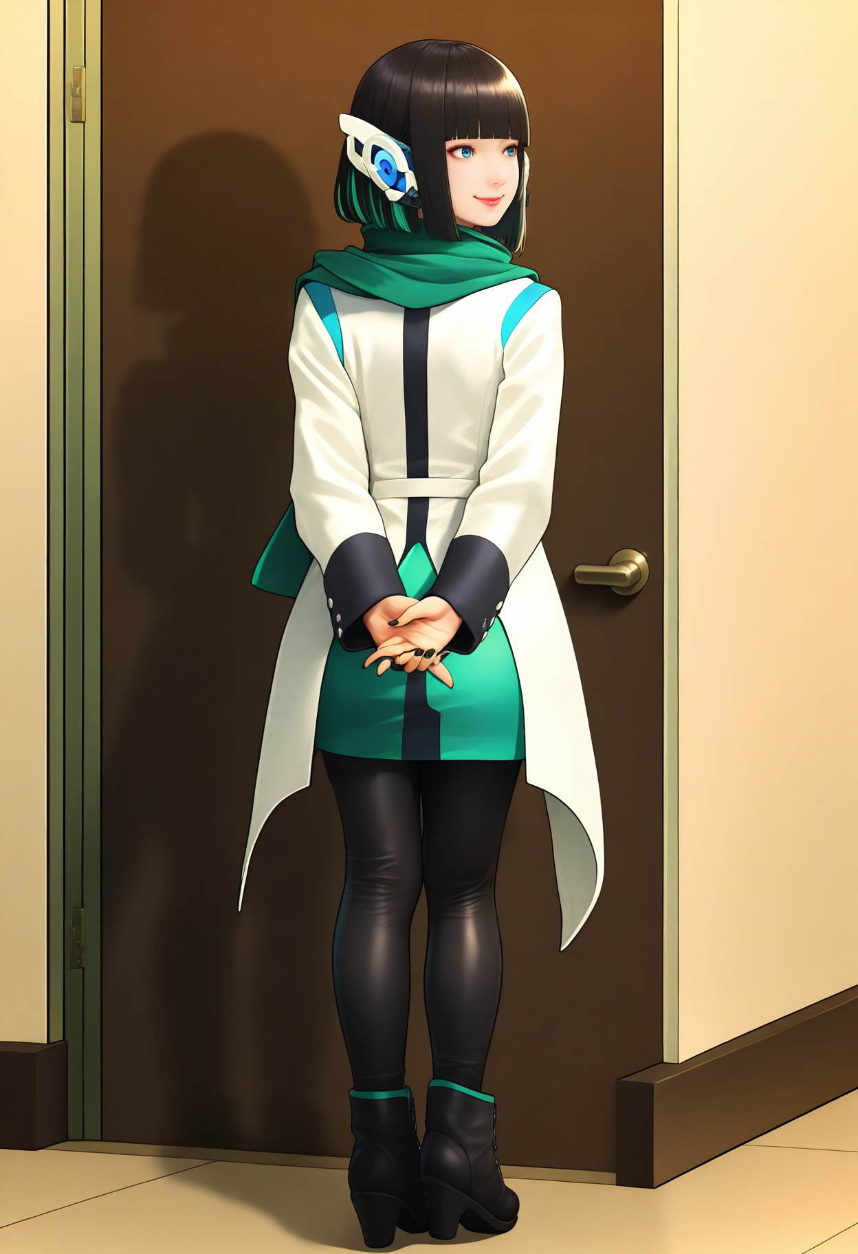 best hands, 5 fingers, perfect hand, <lora:zero-one izu_IL1.5:1> from behind, looking back, 
zero-pne izu, realistic, Asian, 1girl, solo, black hair, multicolored hair, green hair, bobbed hair, blunt bangs, robot ears, smile, closed mouth, lips,
white Coat, scarf, green miniskirt, Black pantyhose with green outer half on right leg, Short boots,
black nails,
v arms,
BREAK indoors, Building entrance, shadow, standing,