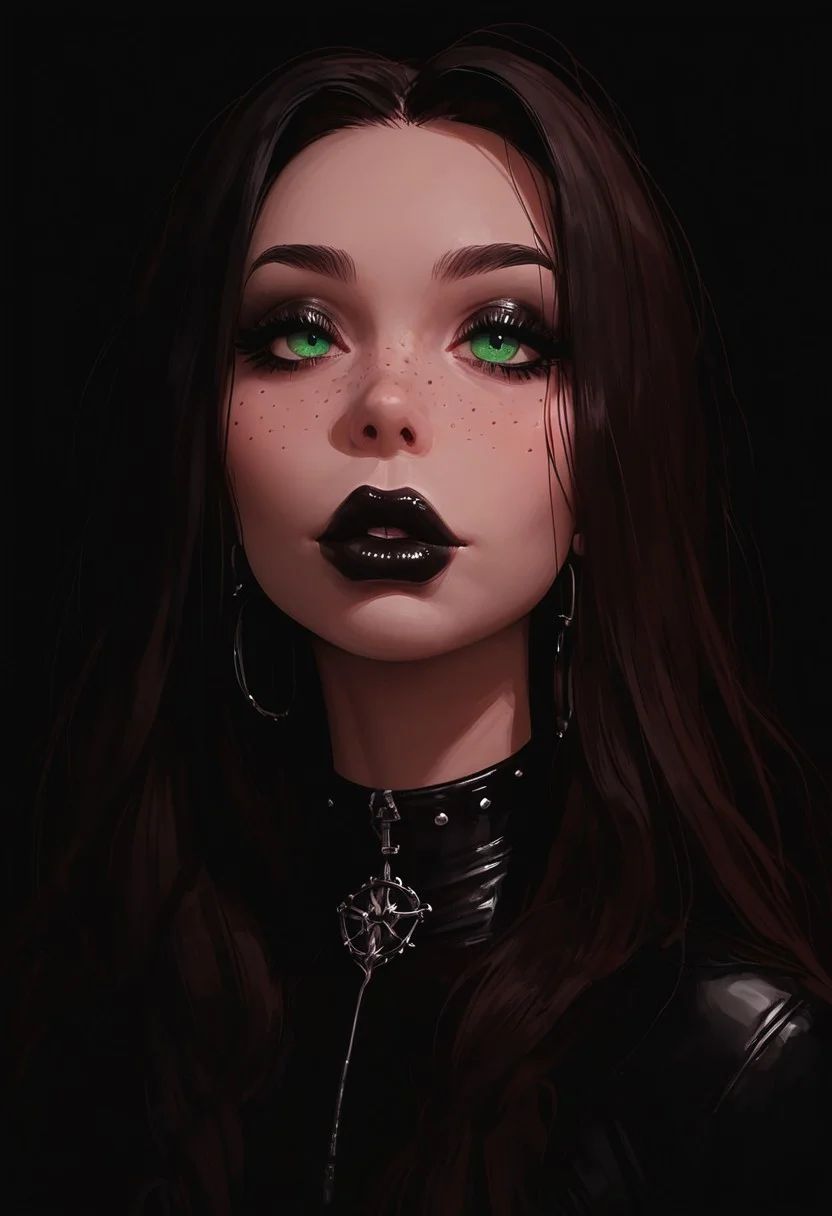 score_9, score_8_up, score_7_up, score_6_up, score_5_up, score_4_up, goth girl, gothic, egirlmake up, choker, (beautiful face, cute face, 18 years old) Expressiveh, ASCII 1 girl, brown hair, green eyes, black latex outfit, medium breasts, upper body, portrait, 4k, big lips, choker, heavy make up, black lipstip, eyeliner, long hair, freckles