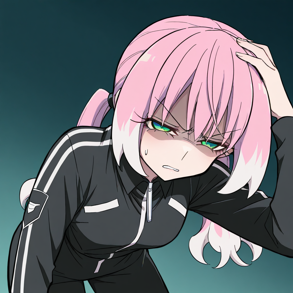 masterpiece, best quality, hiiragi nana, 1girl, solo, standing, glaring, narrowed eyes, v-shaped eyebrows, leaning forward, shaded face, evil, worried, manga, hand on own head, sweatdrop, black track jacket, two-tone hair, green eyes, pink hair, white hair, low twintails,  <lora:Talentless_Nana_-_( Nana+Nanao) _Timeskip-000005:1>