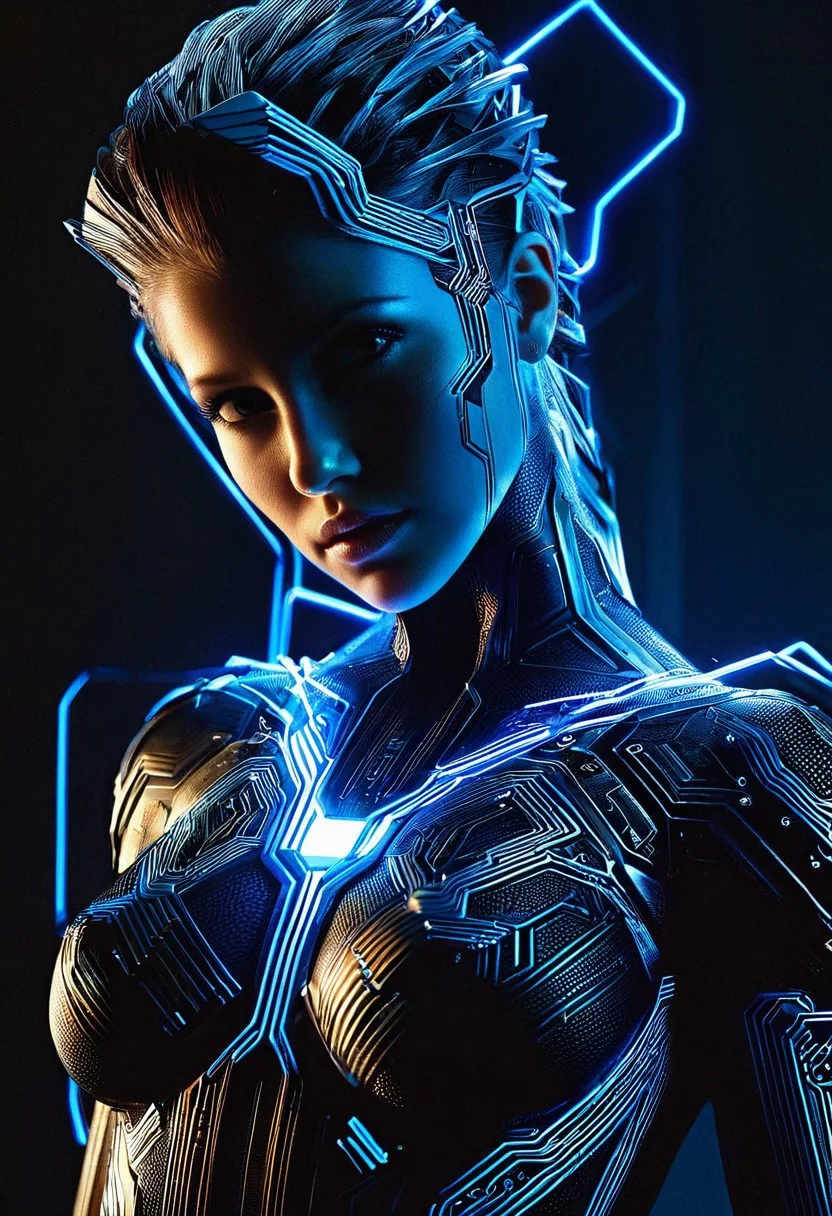 A lone woman, hyper-realistic and intricately detailed, fills the frame with her upper body, adorned in a circuit-inspired outfit that blends organic and synthetic elements, with glowing blue wires and microchips embedded in her skin, set against a dark, gradient background with soft, cinematic lighting, in the style of a futuristic digital painting, with a slight shoulder-angle camera perspective, emphasizing her enigmatic gaze and the mesmerizing, high-tech attire that seems to pulse with an inner light.