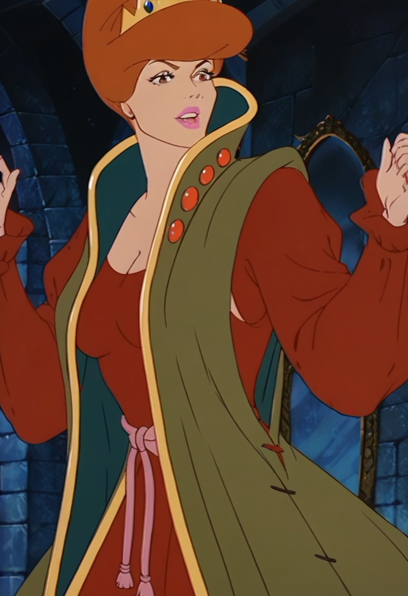 score_9_up, score_8_up, score_7_up, source_cartoon, rating_safe 
JetLagEvilQueen, brown hair, orange hair, lips, lipstick, makeup, brown eyes, breasts, medium breasts, 1girl, crown, short hair, long sleeves,  dress, red dress, cleavage, robe vest, puffy sleeves, solo