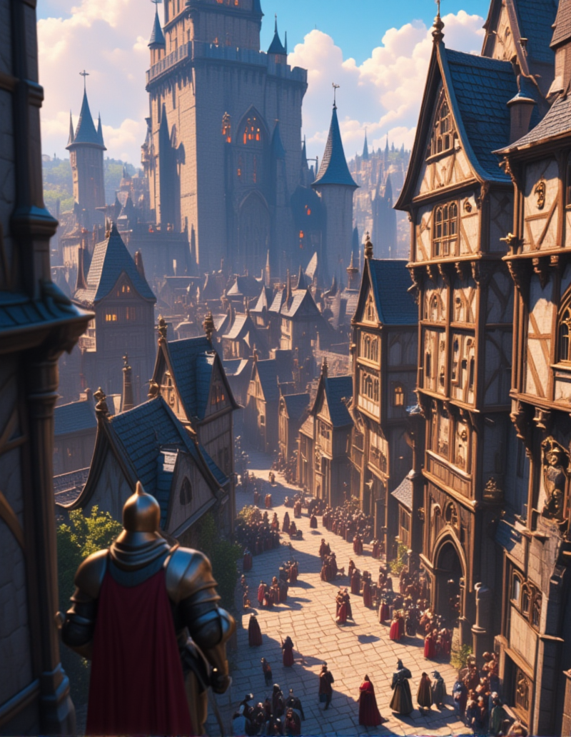 <lora:MW_Minis02flux:1> m1md, animation, medieval, epic, epic details, epic scale, absurdres, outdoors, closeup, knights, medieval buildings, medieval windows, bokeh, street, medieval cityscape, blured castle in the background, animation, sky, illuminated windows, lights, village square, angel statue, tiny villagers, crowds, medieval city, illuminated windows, lights, gold ornaments,