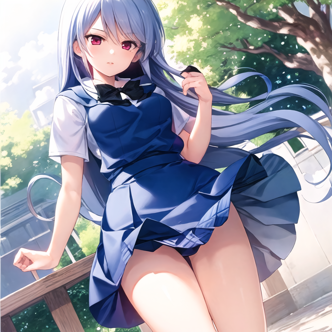 masterpiece, best quality, kazami kazuki, silver hair, 1 girl, solo,  long hair, purple eyes, outdoors,  school uniform, standing