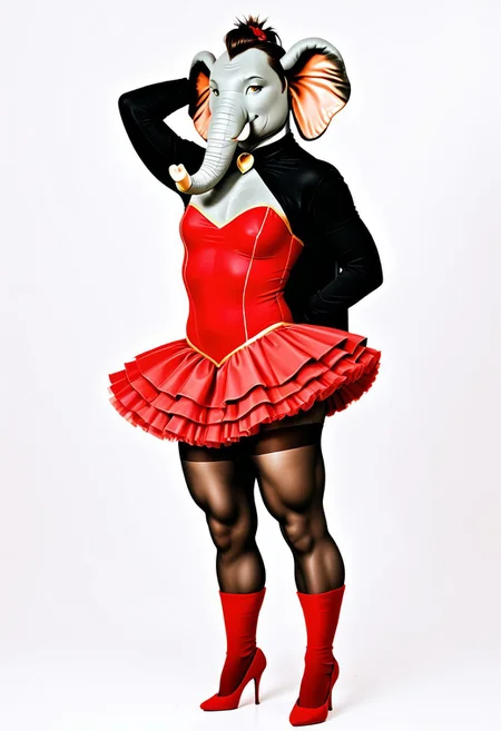 Furry, elephant, pachyderm, daddy, muscle, tall, effeminate, sissy, discrete bulge, crinoline, ballet, gold, tutu, crossdresser, transvestite, pantyhose, petticoats, graceful, sensual, pretty, delicate, cute, brown, pleated skirt, leotard, long-sleeve bodysuit, satin cape, knee-high flat-heeled riding boots, full body, no background, smiling, traditional, HD, hyper realistic, Ue5