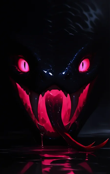 no humans, snake, general, glowing eyes, looking at viewer, saliva, forked tongue, monster, dark night, shiny, reflection, sharp teeth, fangs, dark, masterpiece, best quality, very awa, newest, <lora:ponyv5_noobV065S_1_adamW-000013:1.00>