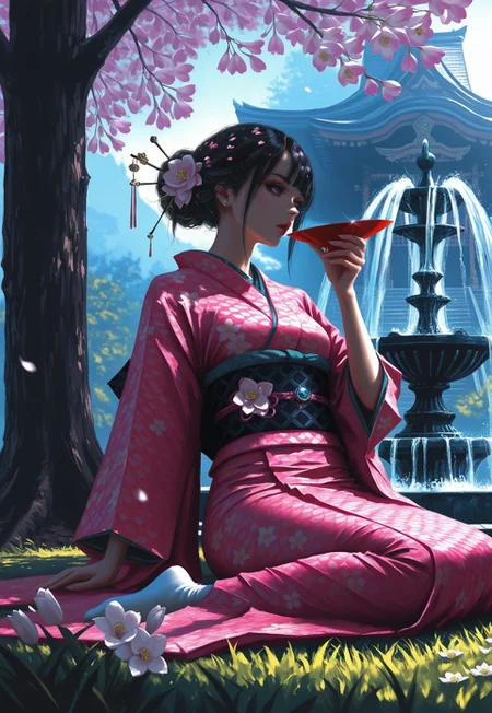 opill, [solo],
sakazuki, [drinking], wariza, on grass, leaning back, hair_stick, magnolia, orchid,
kimono, (fine_fabric_emphasis:1.2),
hair bun, straight hair, dark hair,
shrine, fountain, under tree, dappled_sunlight, glint,
wlop, yadu_nadu, unmoving_pattern, (color_contrast),
[oil_painting_(medium)], dramatic shadows, cinematic lighting,
highly detailed, realistic, fine fabric detail, absurdres, highly-detailed, best quality, masterpiece, very aesthetic