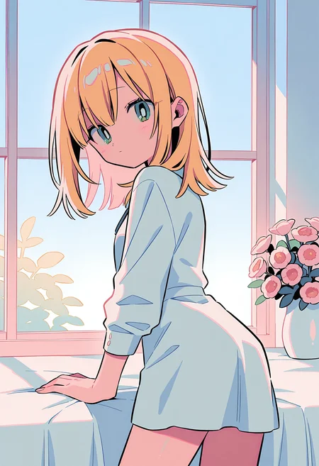 1girl,   golden hair, medium hair,     green eye,     
BREAK   1girl, twisted torso, head tilt,      
BREAK              white dress, long sleeves,  flowers are scattered on the bed), window,    
BREAK ((menma \(enaic31\):1.05), (yoyokkun:0.8)), depth of field, masterpiece, best quality, very aesthetic, scenery, newest, <lora:ponyv5_noobE11_1_adamW:0.7>, <lora:NOOB_EPSv1_1_detailer_by_vlnvk_v0_5:1>