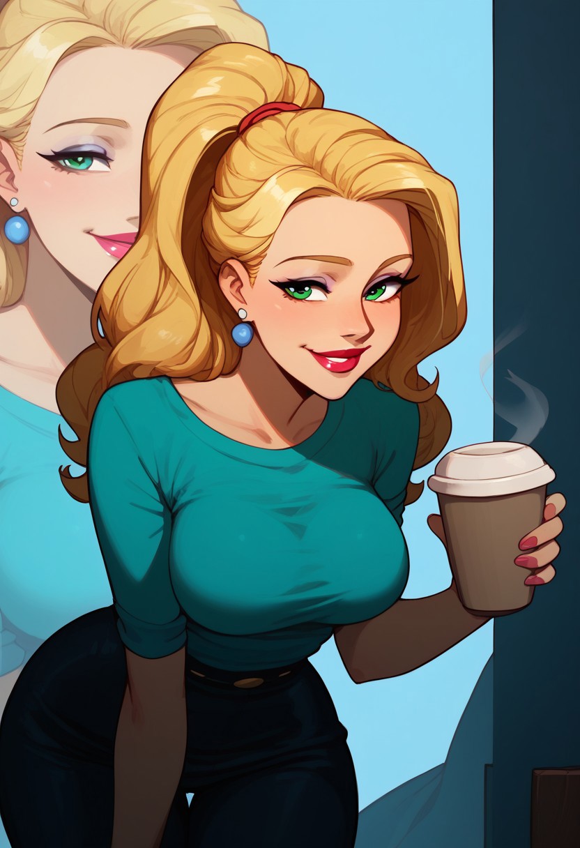 score_9, score_8_up, score_8. score_9, score_8_up, score_7_up, score_6_up, masterpiece, 4k, high quality, (best quality:1.1), ExpressiveH, zoom layer, zoom in on breasts, 
BREAK
1girl, Blondie, makeup, lipstick, earrings, blonde hair, long hair, high ponytail, , bright perfect green eyes, lipstick, medium breasts, smile, motion lines, happy smile, sexy, seductive, 
standing, serving coffee over a counter top leaning forward, tight white t shirt, 
BREAK 
sunny day, city street, hole in the wall café