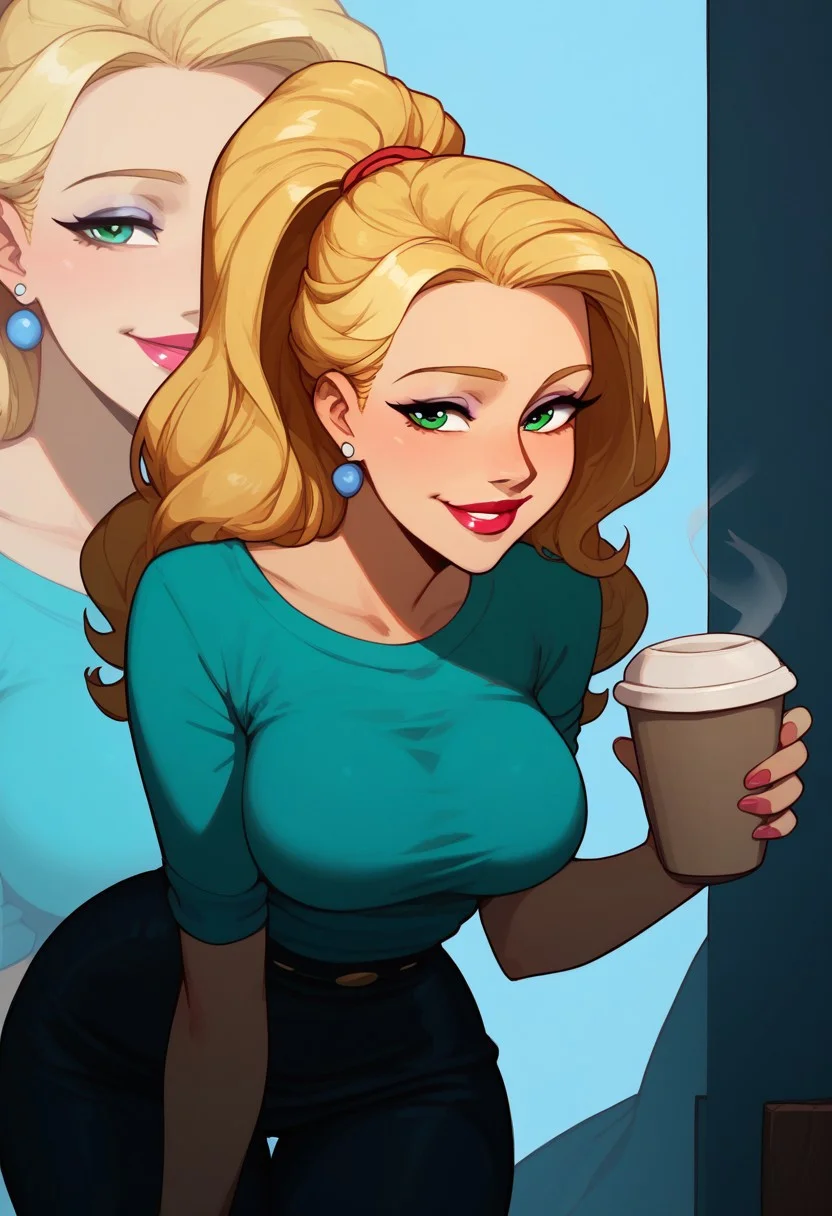 score_9, score_8_up, score_8. score_9, score_8_up, score_7_up, score_6_up, masterpiece, 4k, high quality, (best quality:1.1), ExpressiveH, zoom layer, zoom in on breasts, 
BREAK
1girl, Blondie, makeup, lipstick, earrings, blonde hair, long hair, high ponytail, , bright perfect green eyes, lipstick, medium breasts, smile, motion lines, happy smile, sexy, seductive, 
standing, serving coffee over a counter top leaning forward, tight white t shirt, 
BREAK 
sunny day, city street, hole in the wall café
