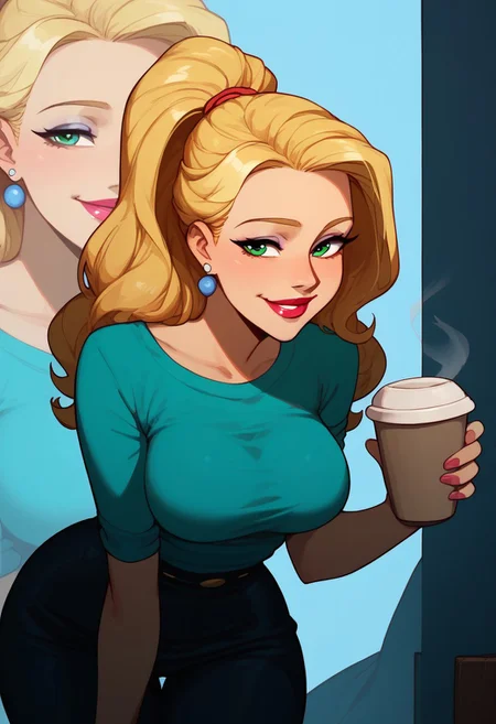 score_9, score_8_up, score_8. score_9, score_8_up, score_7_up, score_6_up, masterpiece, 4k, high quality, (best quality:1.1), ExpressiveH, zoom layer, zoom in on breasts,
BREAK
1girl, Blondie, makeup, lipstick, earrings, blonde hair, long hair, high ponytail, , bright perfect green eyes, lipstick, medium breasts, smile, motion lines, happy smile, sexy, seductive,
standing, serving coffee over a counter top leaning forward, tight white t shirt,
BREAK
sunny day, city street, hole in the wall café